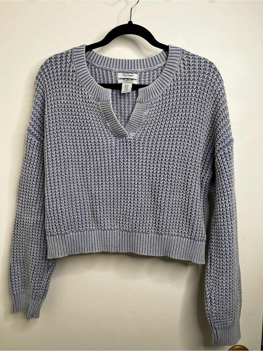 Haute Hippie Heathered Blue Cropped Waffle-Knit Sweater Med Acid Wash Retro Y2K